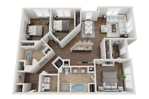 A 3D floor plan of a house with multiple rooms and furniture.